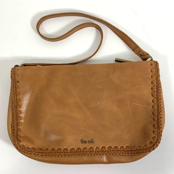 Minimalist THE SAK Flora Soft Leather Small Satchel Crocheted Trim Camel Tan - Picture 1 of 13